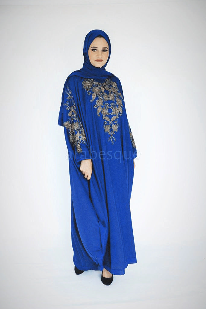 Blue Closed Abaya – Luxurious Gold Paisley Embroidered Batwing Design