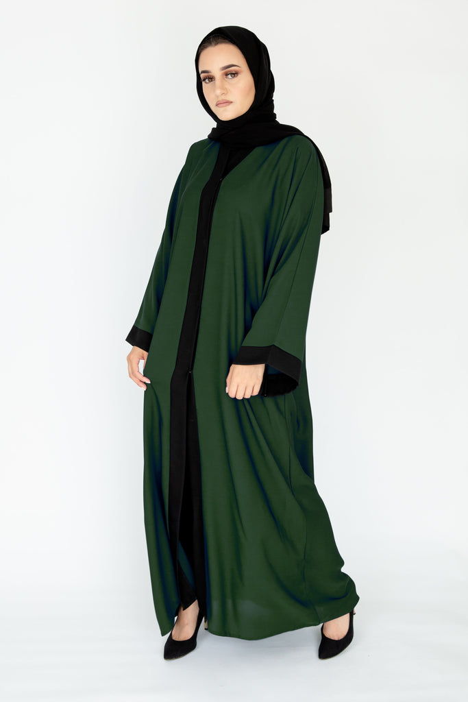 Green Black Border Plain Nidha Open Abaya