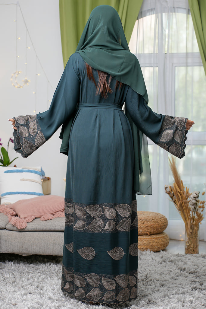 Green Luxury Leaf Embroidery Crinkle Open abaya with belt