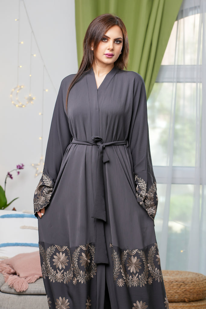 Grey Open Abaya – Luxury Ripple Fabric with Petal Embroidery & Belted Design