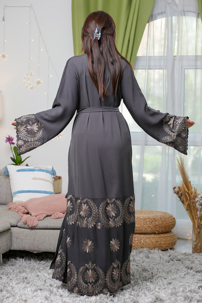 Grey Open Abaya – Luxury Ripple Fabric with Petal Embroidery & Belted Design