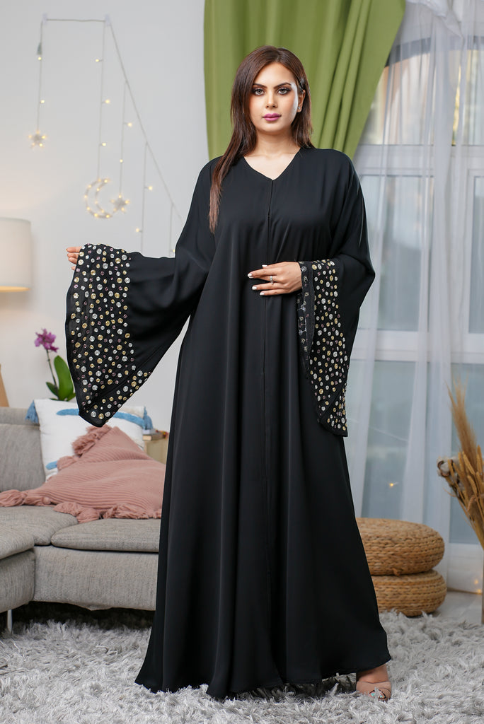 Black Open Abaya – Luxury Circle Beaded Design with Wide Sleeves