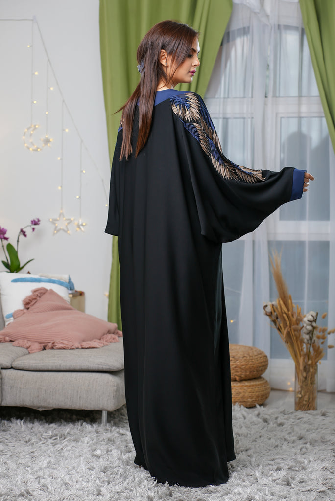 Black Diamante Closed Batwing Abaya With Blue and Gold Embroidery
