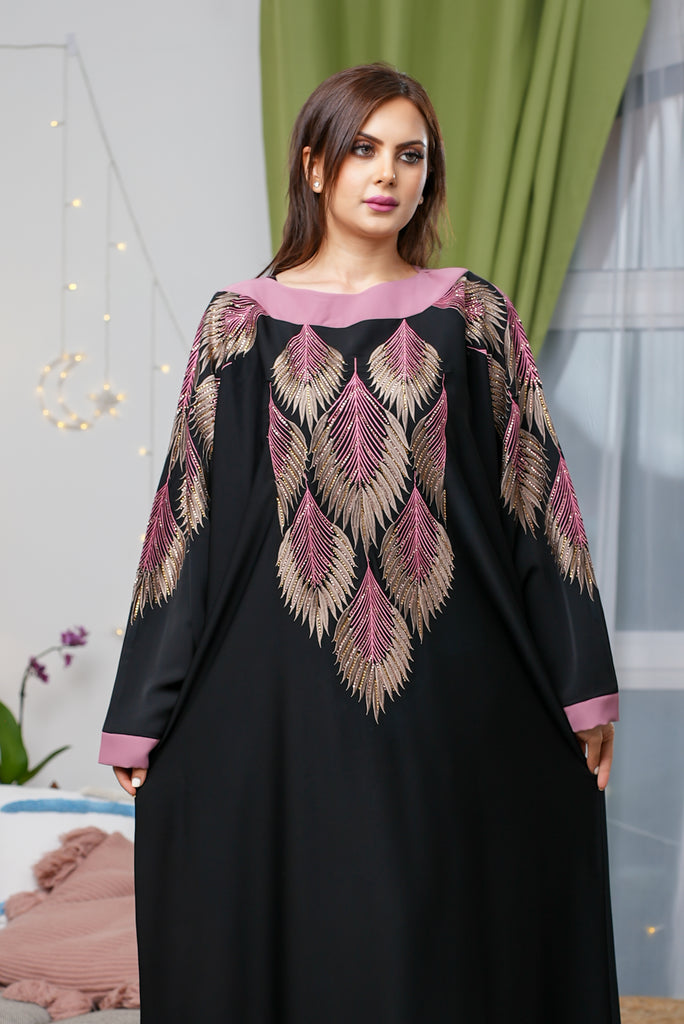Black Diamante Closed Batwing Abaya With Pink and Gold Embroidery