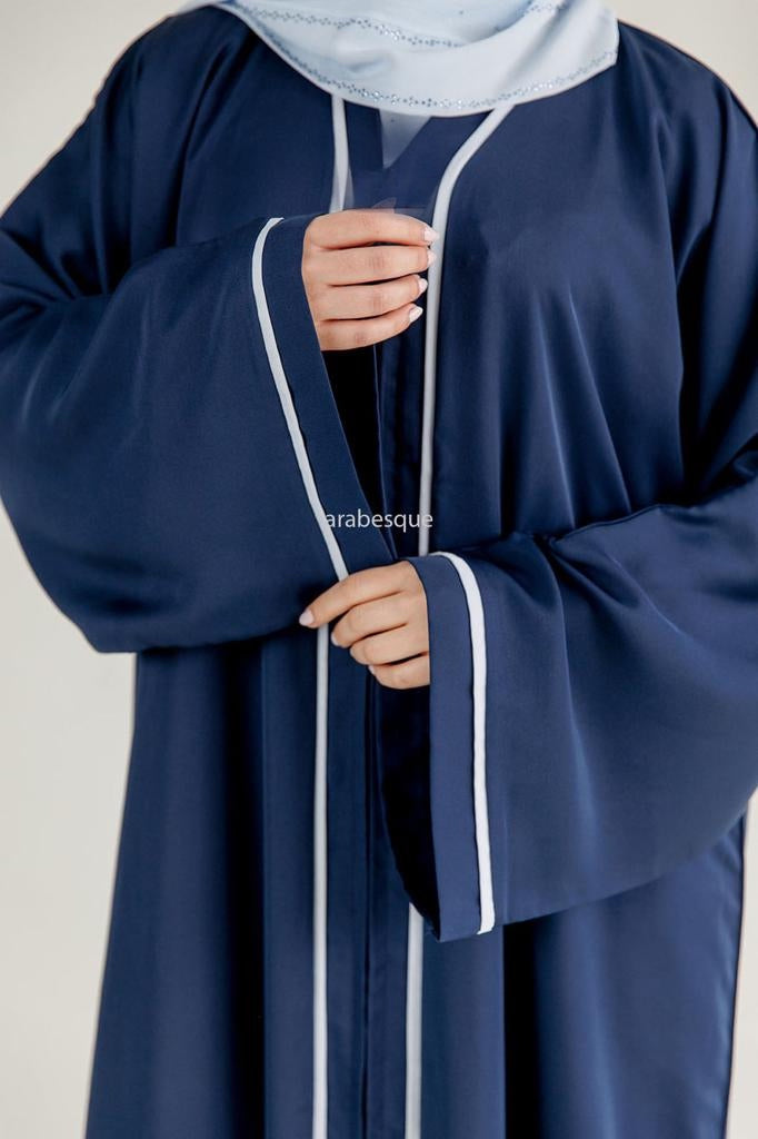 Premium Navy Cream Line Border Open Abaya