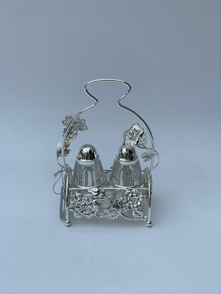 Silver Effect Salt and Pepper shaker set with stand