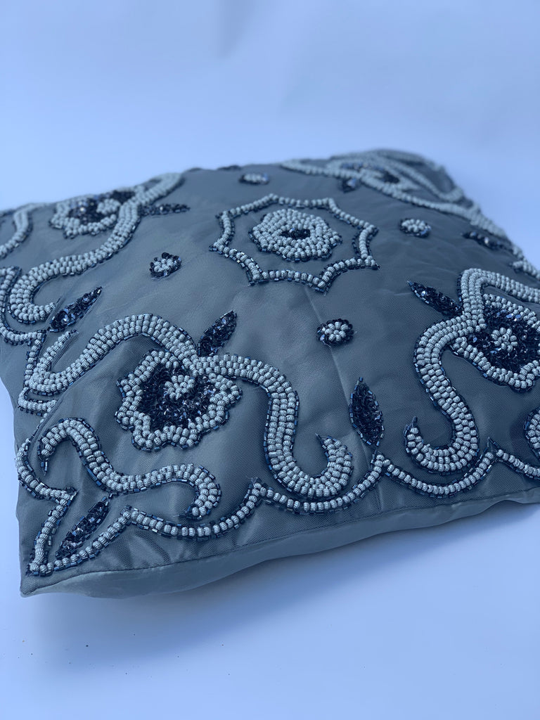 Grey Beaded Cushion Cover