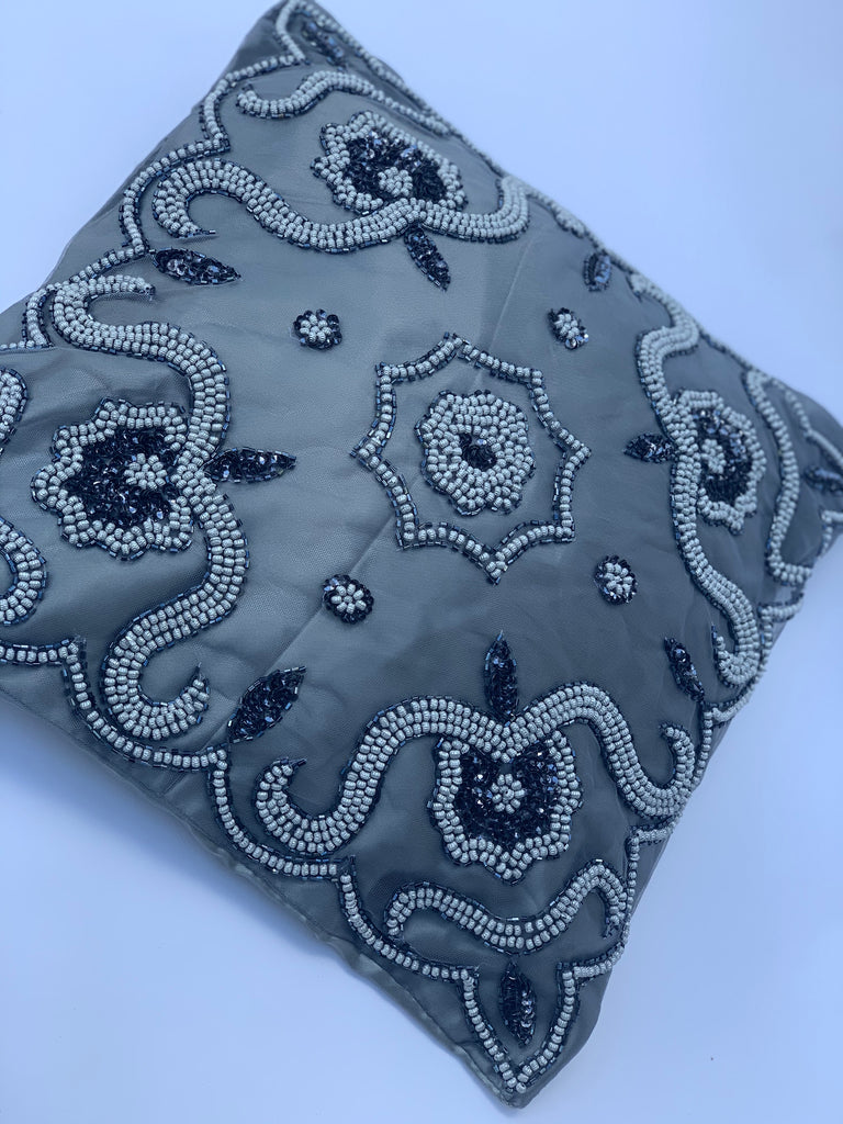 Grey Beaded Cushion Cover