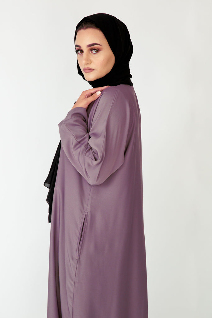 Mauve Open Abaya – Premium Plain Design with Pocket and Wide Sleeves