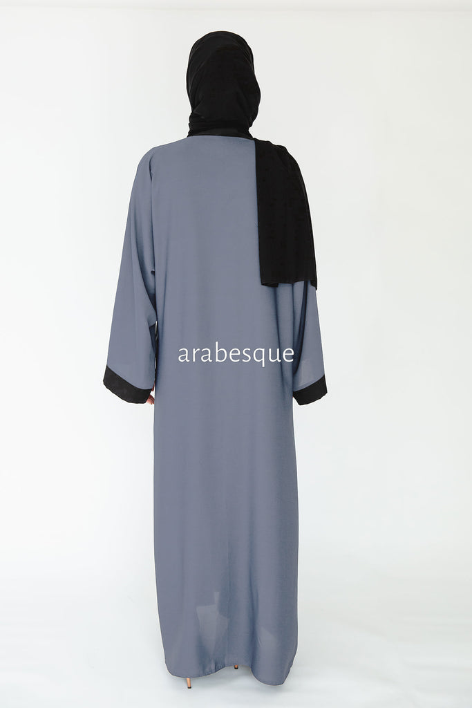 Grey Open Abaya – Plain Nidha Design with Black Border