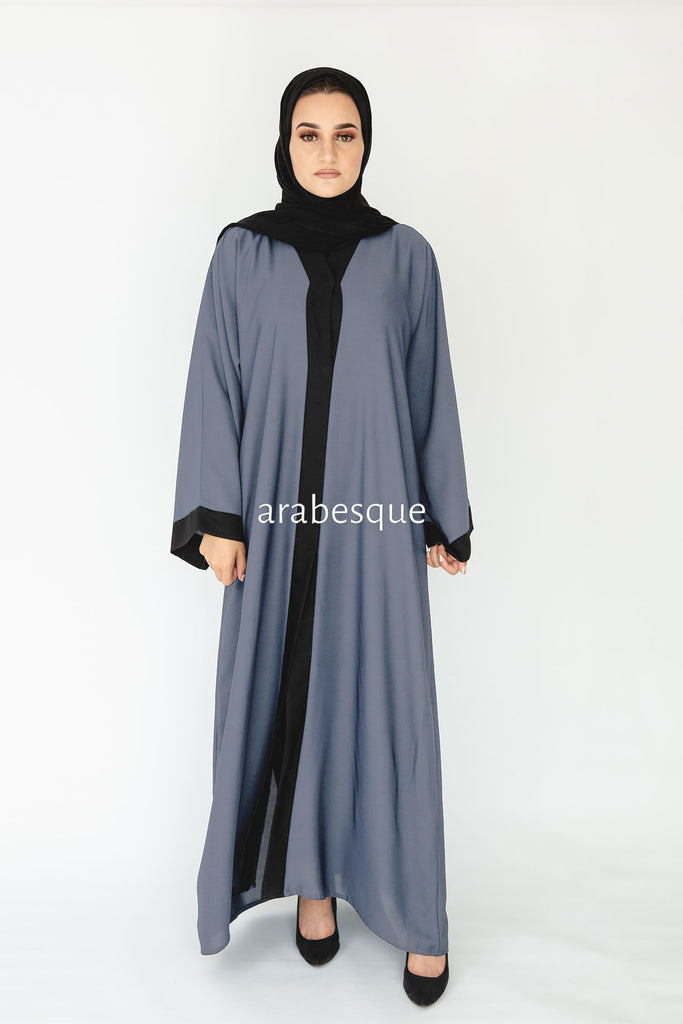 Grey Open Abaya – Plain Nidha Design with Black Border