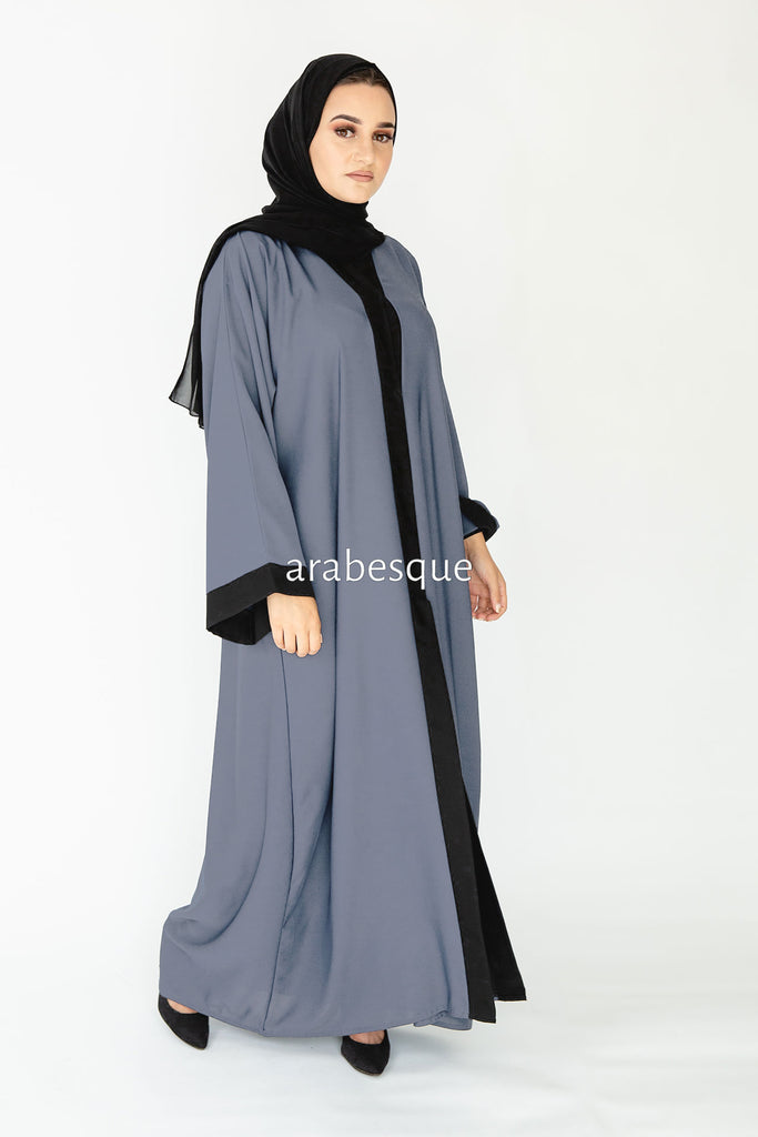 Grey Open Abaya – Plain Nidha Design with Black Border