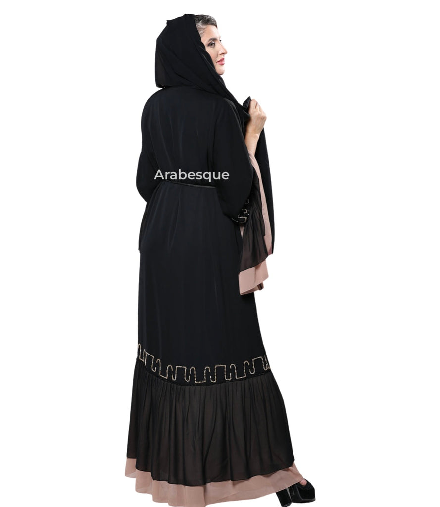 Black and Dusty Pink Luxury Chiffon Layered Open Abaya with Belt