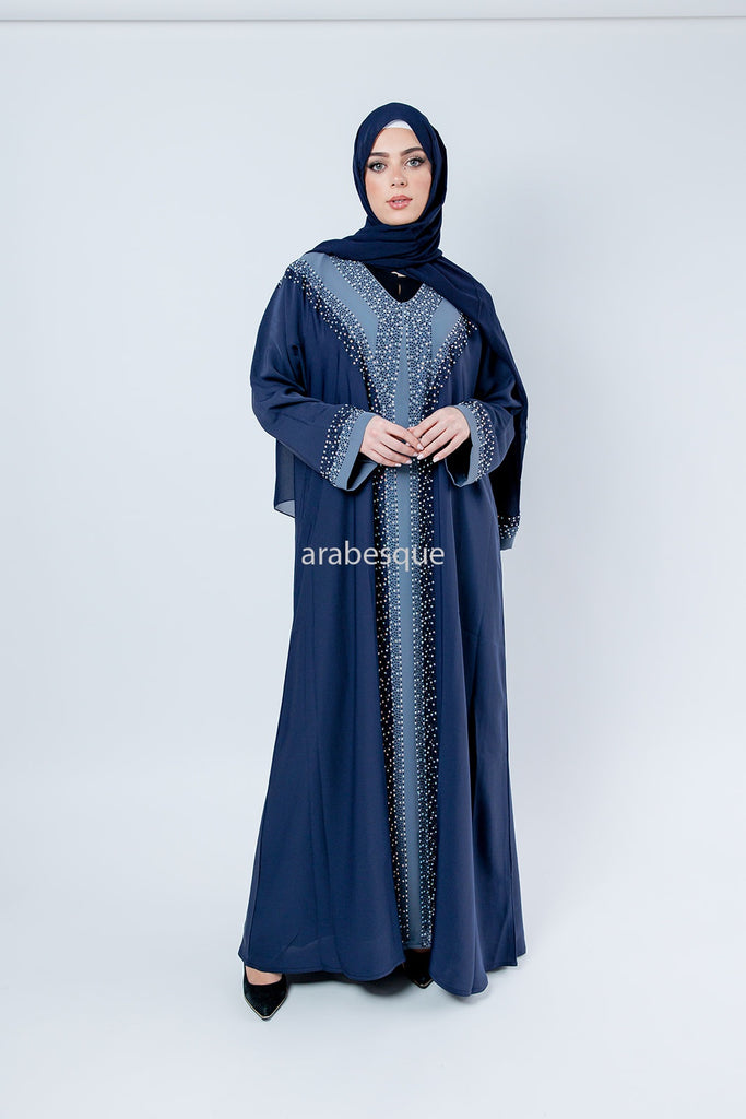 Two-Tone Blue Closed Abaya – Luxury Design with Silver and Blue Stone Embellishment