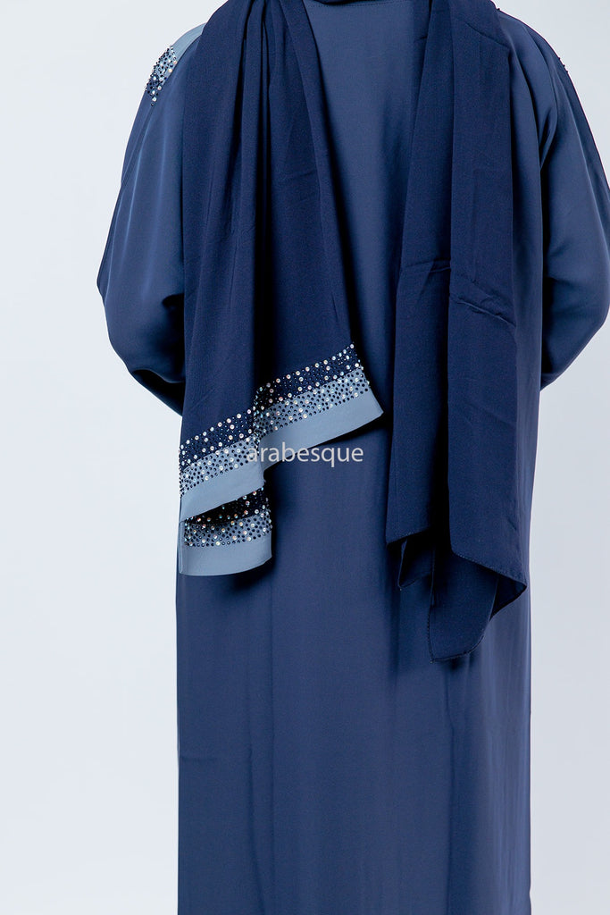 Two-Tone Blue Closed Abaya – Luxury Design with Silver and Blue Stone Embellishment