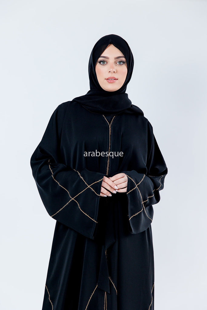Black Open Abaya – Luxury Geometric Diamante Stitch Design