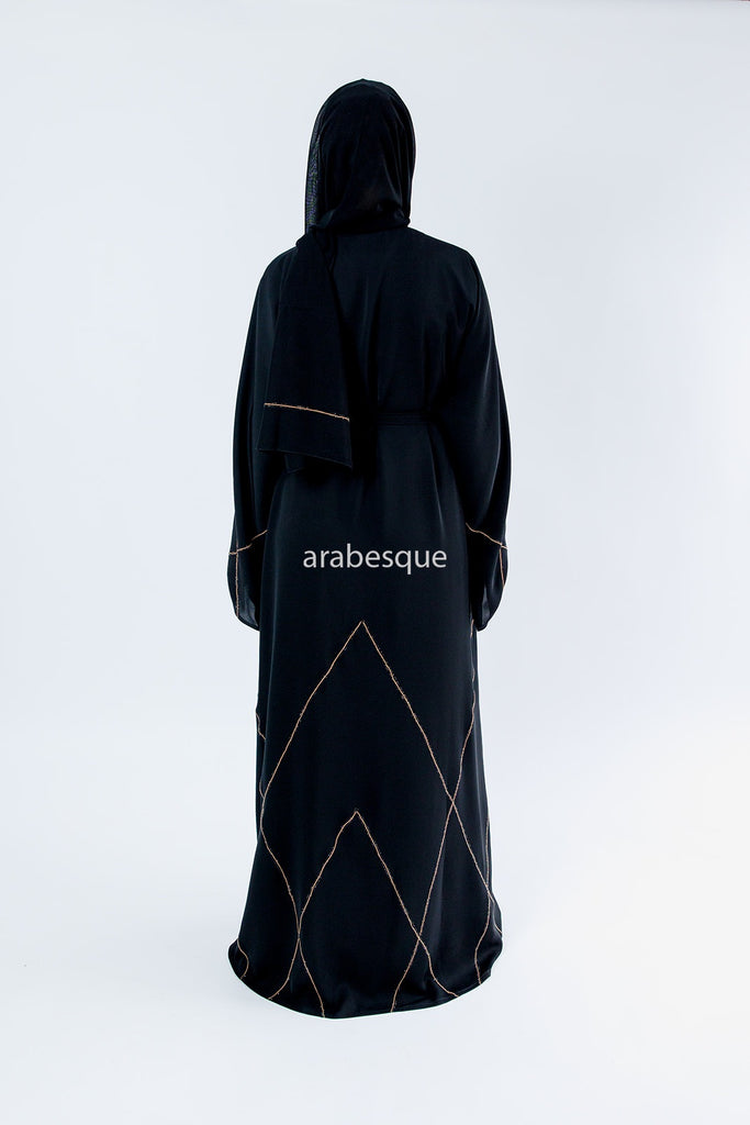Black Open Abaya – Luxury Geometric Diamante Stitch Design