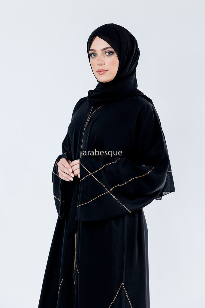 Black Open Abaya – Luxury Geometric Diamante Stitch Design
