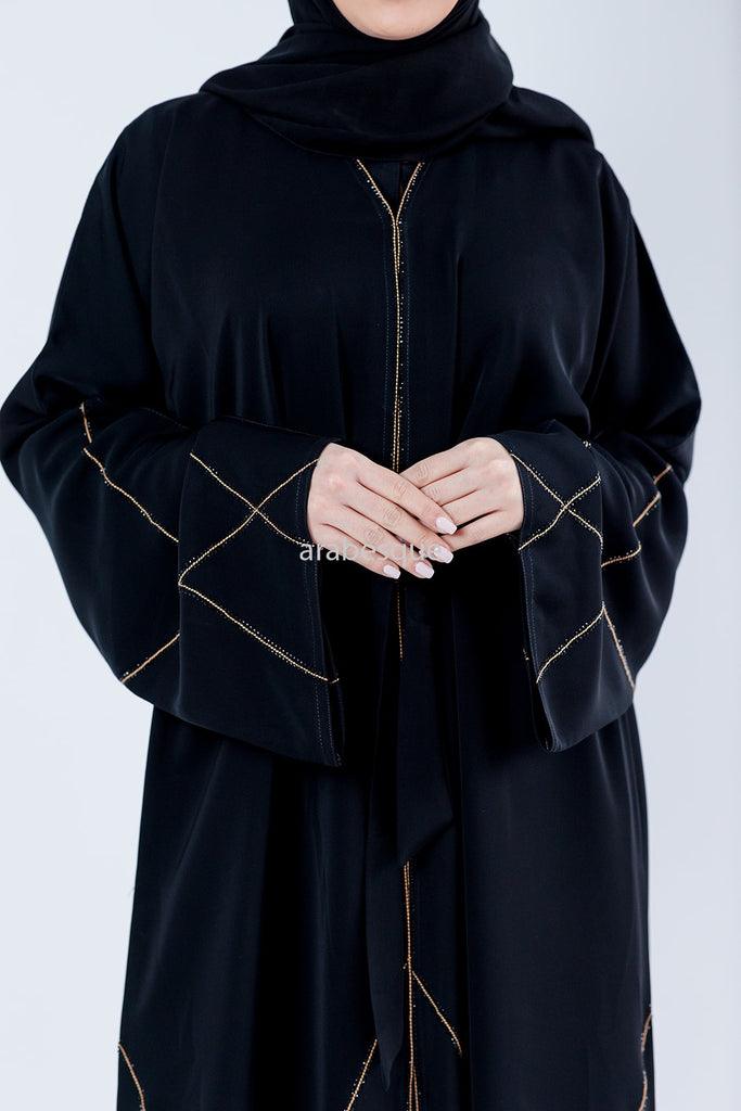 Black Open Abaya – Luxury Geometric Diamante Stitch Design