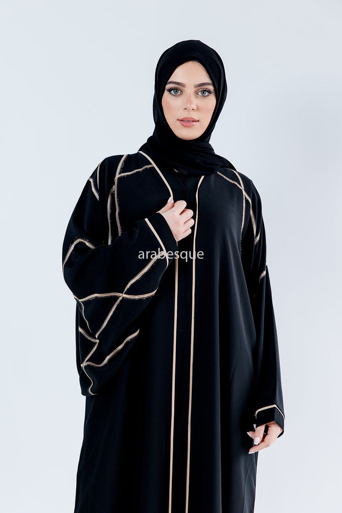 Black Farasha Abaya – Open Design with Light Gold Embroidered & Diamanté Detailing