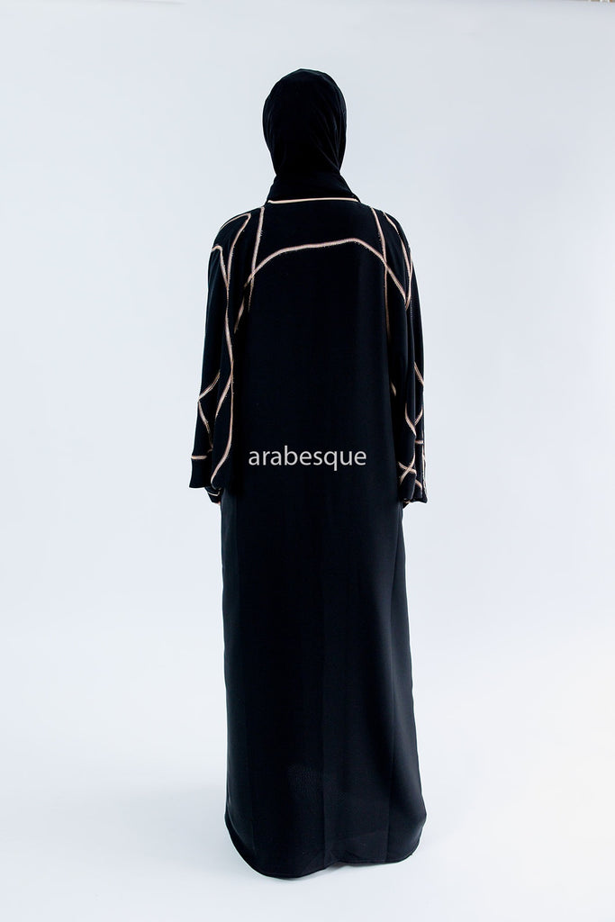 Black Farasha Abaya – Open Design with Light Gold Embroidered & Diamanté Detailing