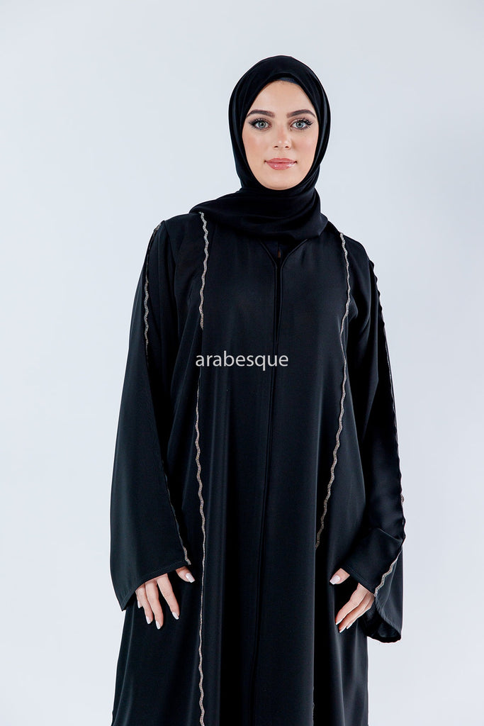 Black Open Abaya – Luxury Golden Wave Diamanté Design