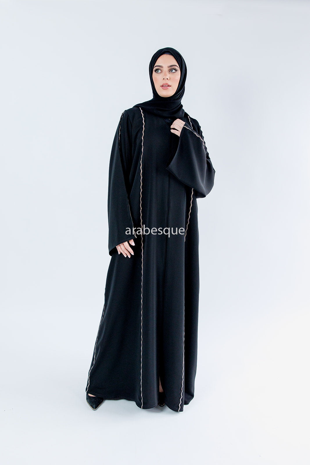 Black Luxury Open Abaya with Golden Wave Pattern Diamante