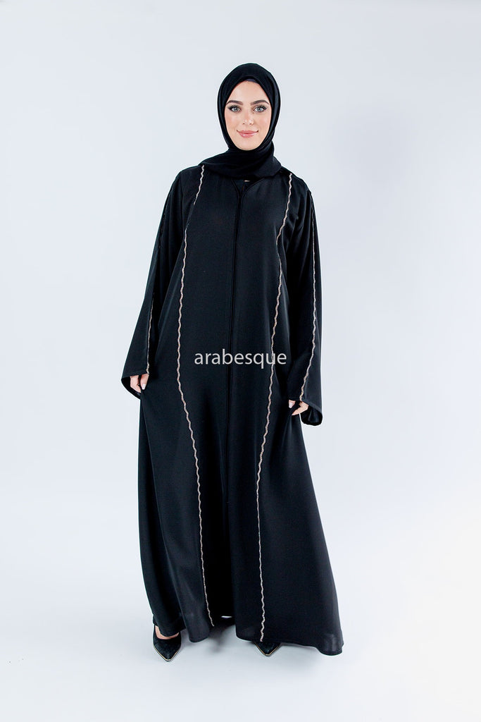 Black Open Abaya – Luxury Golden Wave Diamanté Design