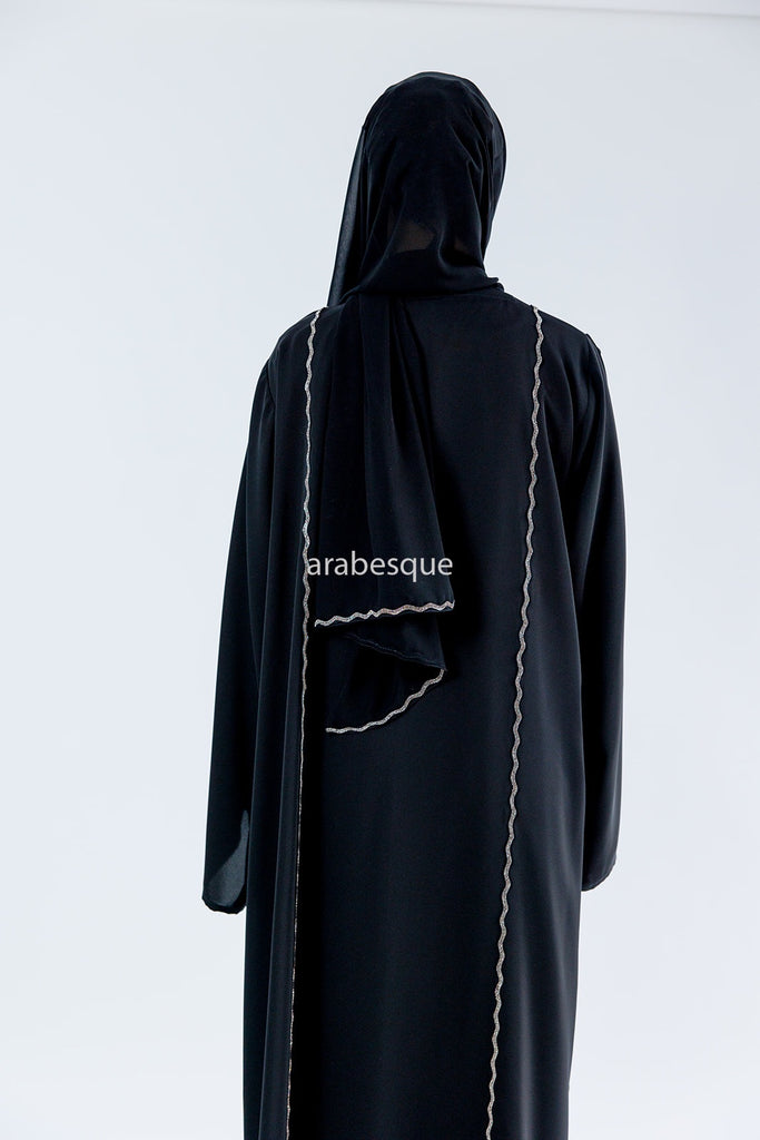 Black Open Abaya – Luxury Golden Wave Diamanté Design