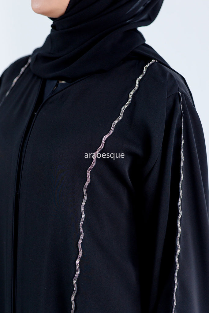 Black Open Abaya – Luxury Golden Wave Diamanté Design