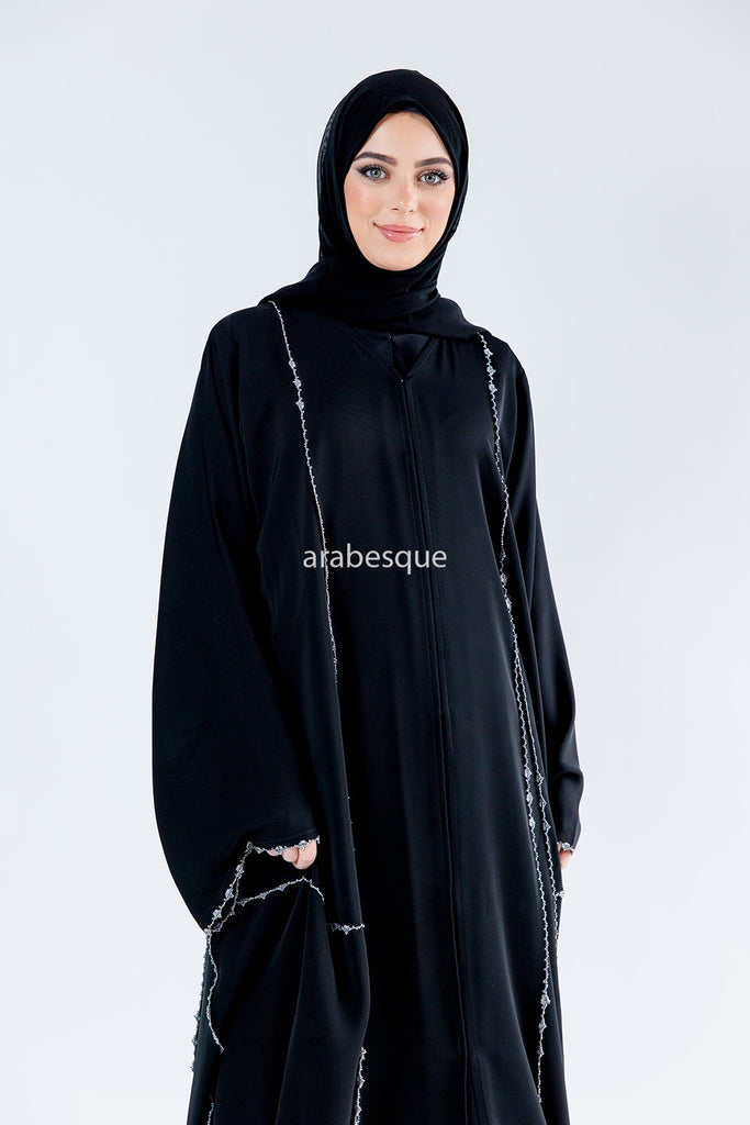 Black Open Abaya – Luxury Silver Rhinestone Embellished Design