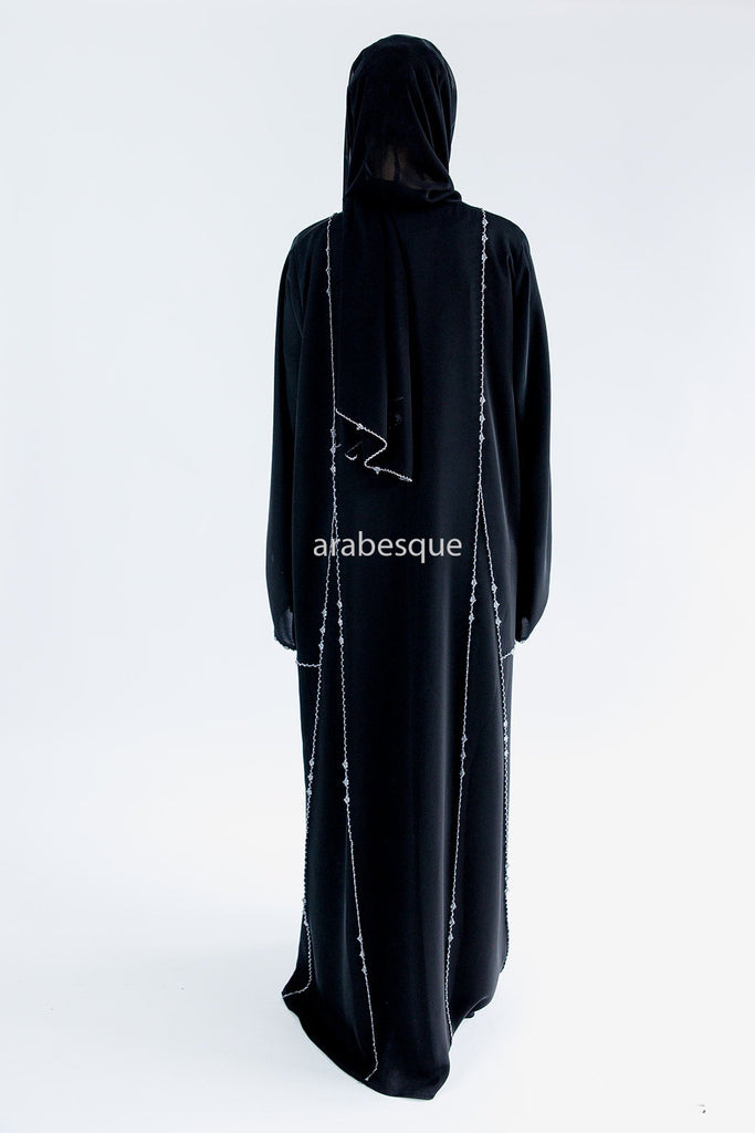 Black Open Abaya – Luxury Silver Rhinestone Embellished Design