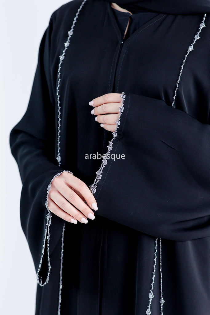 Black Open Abaya – Luxury Silver Rhinestone Embellished Design