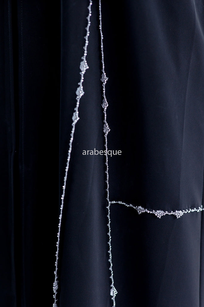 Black Open Abaya – Luxury Silver Rhinestone Embellished Design