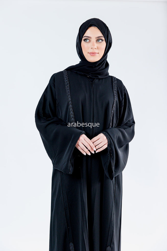 Black Open Abaya – Luxury Braid Pattern Embellished Design