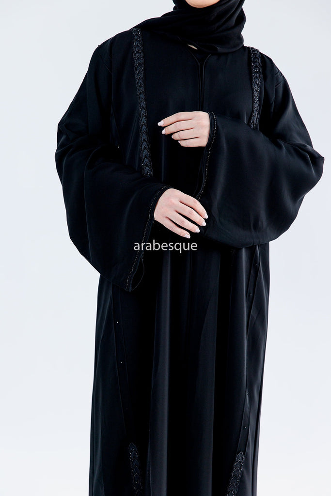 Black Open Abaya – Luxury Braid Pattern Embellished Design