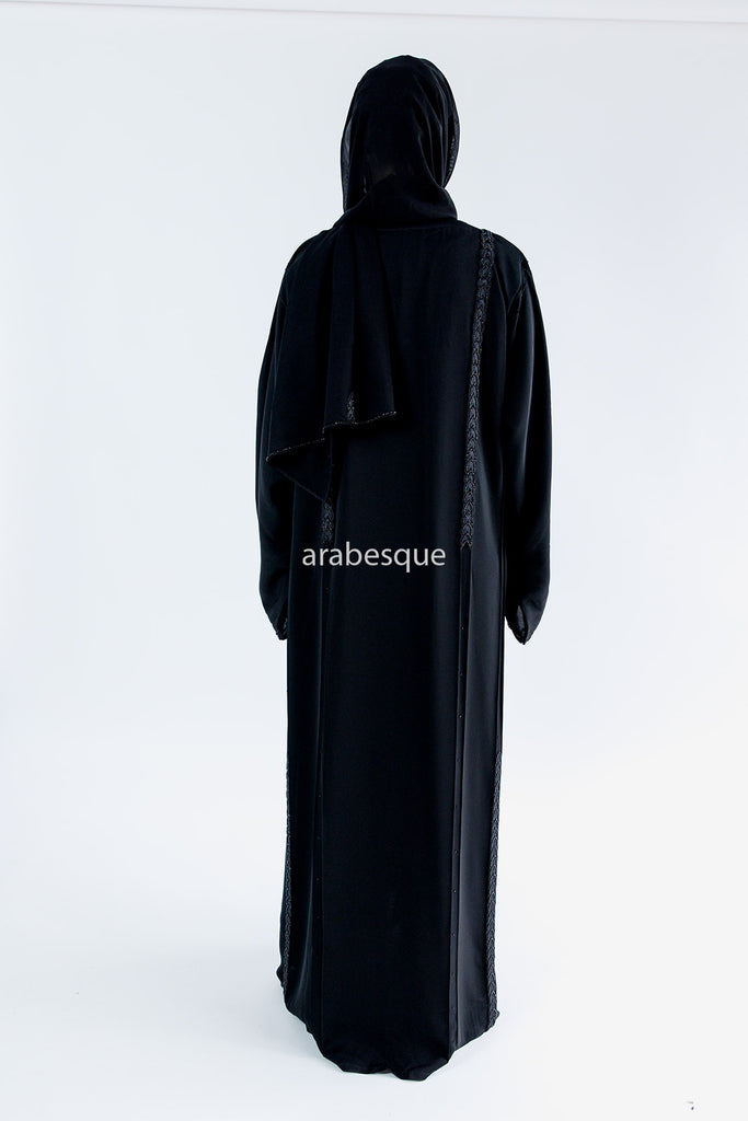 Black Open Abaya – Luxury Braid Pattern Embellished Design