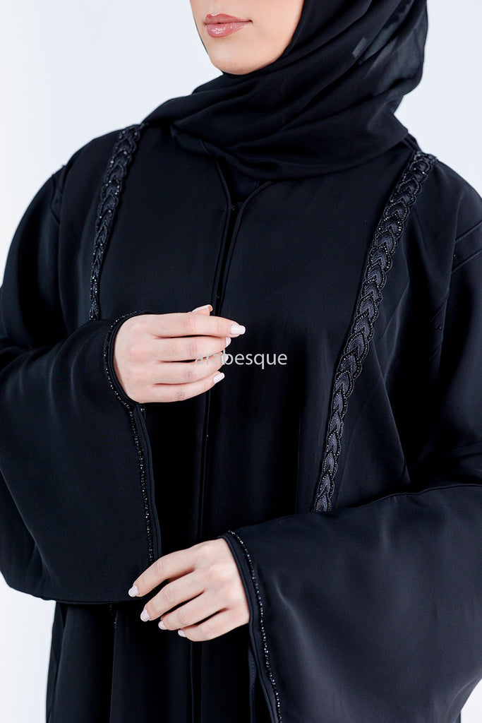 Black Open Abaya – Luxury Braid Pattern Embellished Design