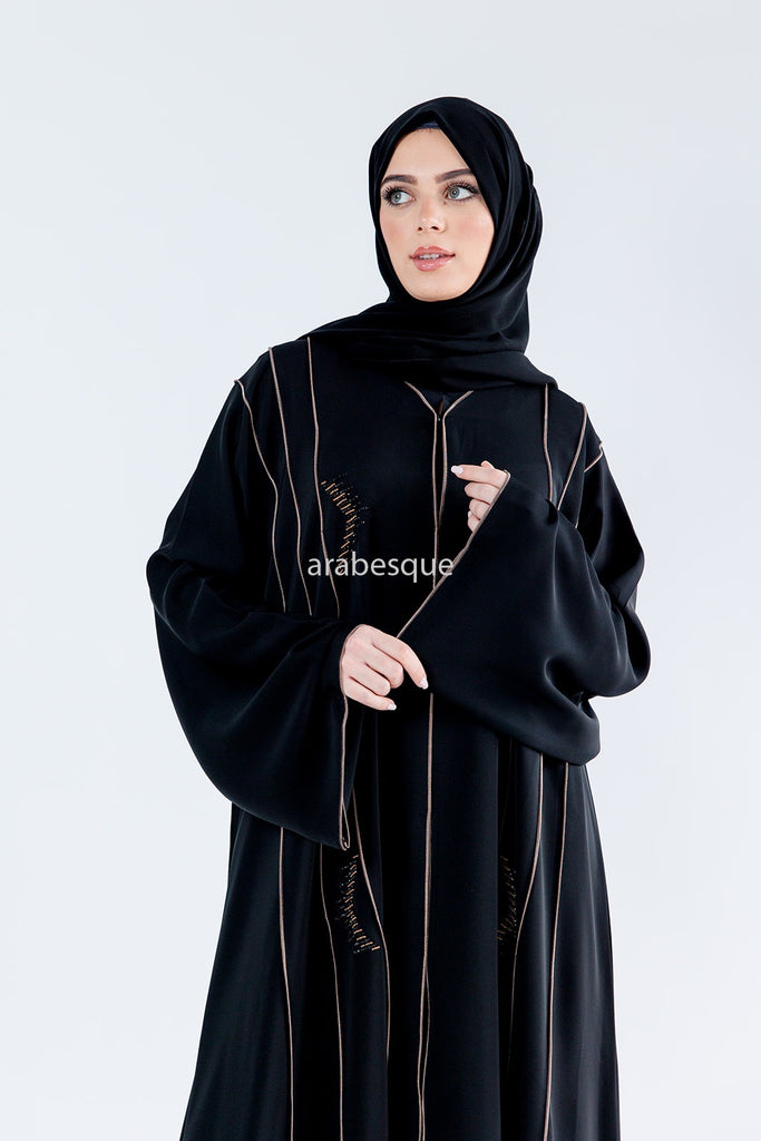 Black Open Abaya – Luxury Gold Beaded Umbrella Design with Striped Detailing
