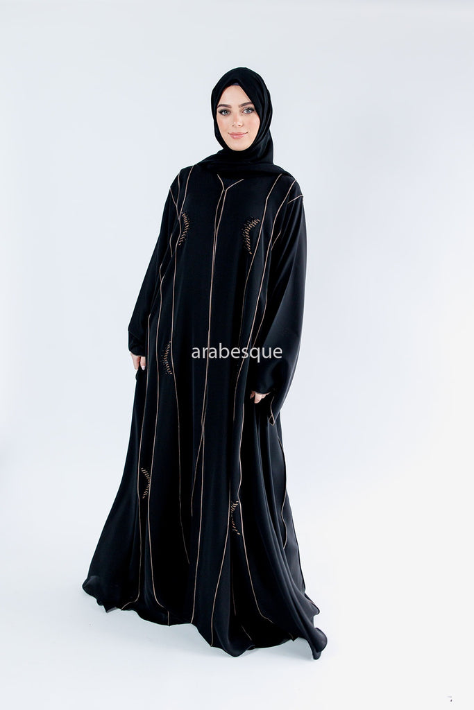 Black Open Abaya – Luxury Gold Beaded Umbrella Design with Striped Detailing