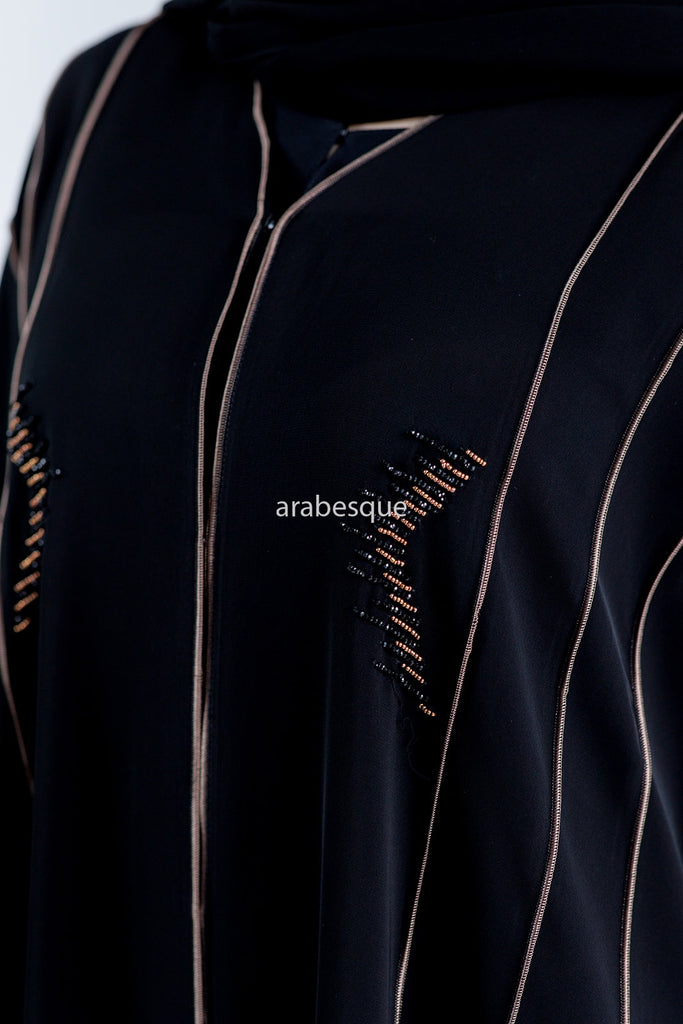 Black Open Abaya – Luxury Gold Beaded Umbrella Design with Striped Detailing