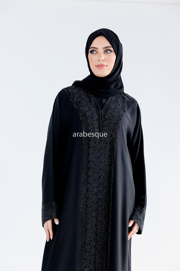 Black Open Abaya – Luxury Lace Embellished Sleeves and Border Design