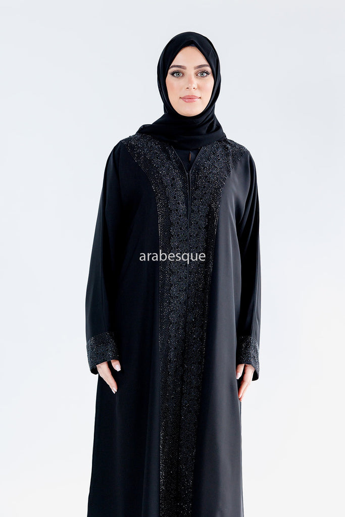 Black Open Abaya – Luxury Lace Embellished Sleeves and Border Design