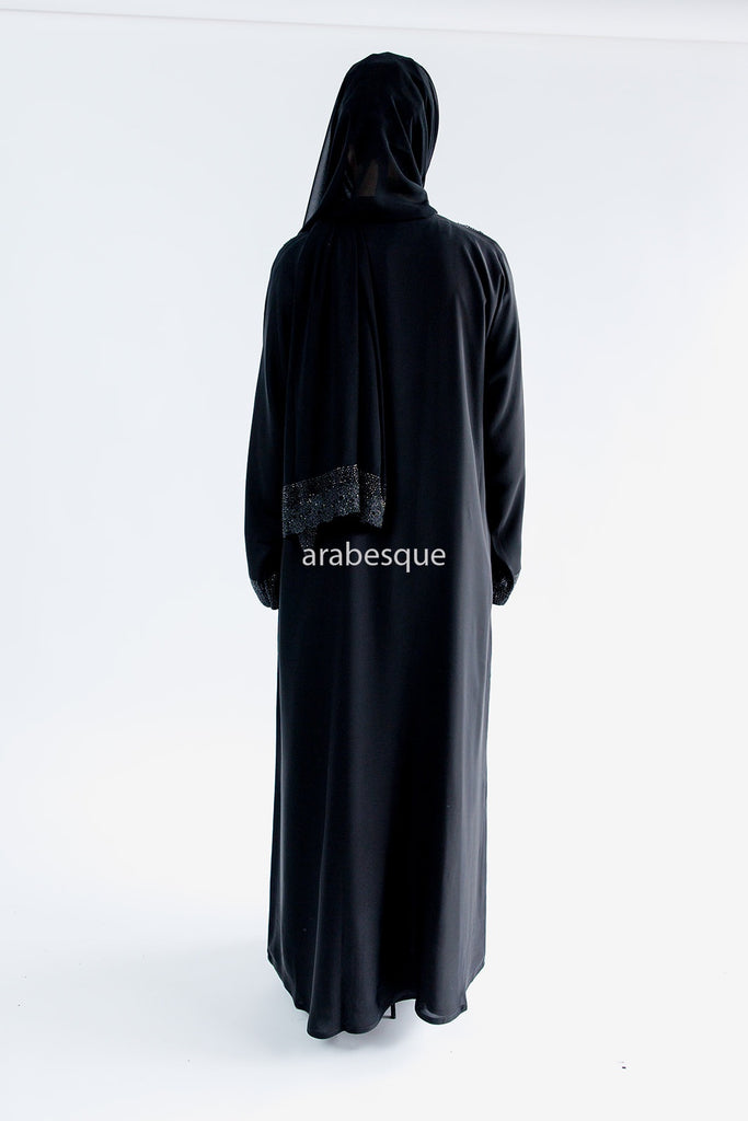 Black Open Abaya – Luxury Lace Embellished Sleeves and Border Design