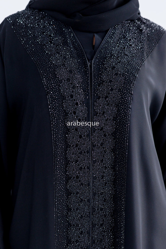 Black Open Abaya – Luxury Lace Embellished Sleeves and Border Design