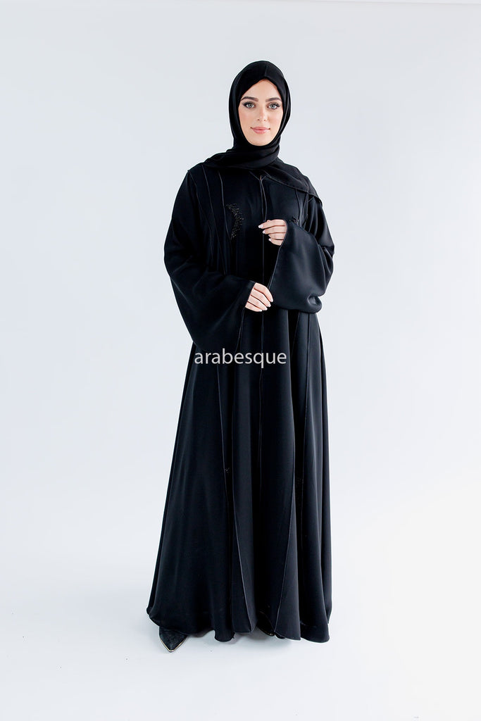 Black Open Abaya – Luxury Black Beaded Umbrella Design with Striped Detailing
