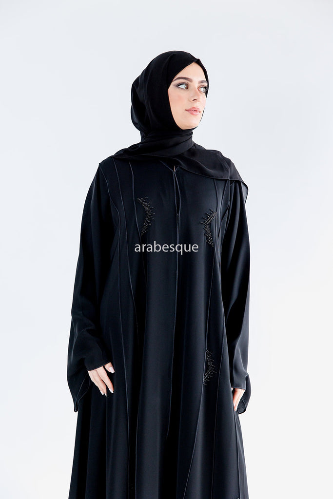 Black Open Abaya – Luxury Black Beaded Umbrella Design with Striped Detailing