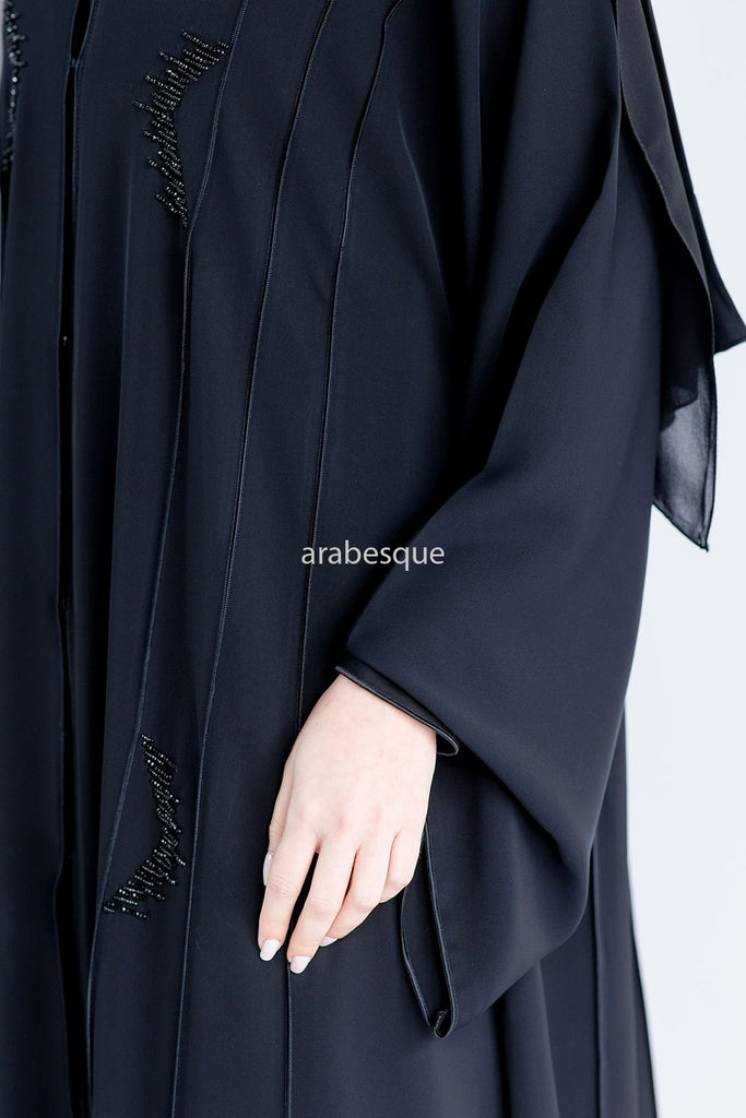 Black Open Abaya – Luxury Black Beaded Umbrella Design with Striped Detailing
