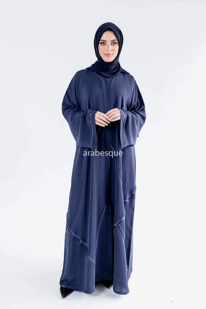 Navy Open Abaya – Luxury Nidha Fabric with Dark Satin Trim
