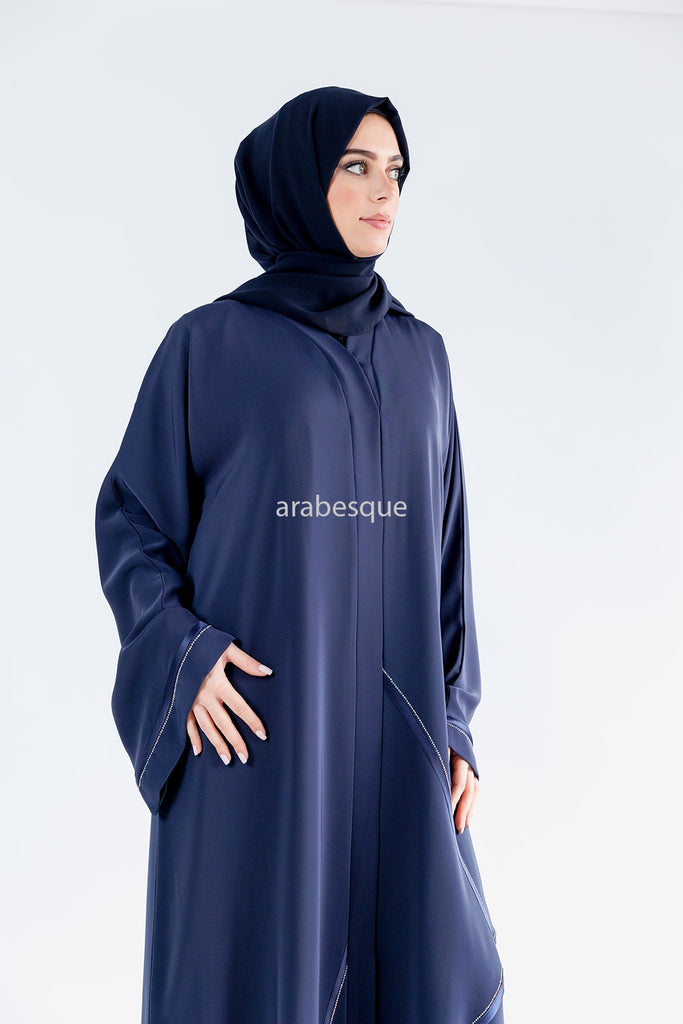 Navy Open Abaya – Luxury Nidha Fabric with Dark Satin Trim